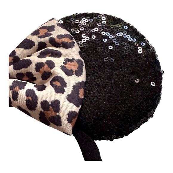Mouse EARS HEADBAND Black Sequin & Cheetah Animal Print Bow Adult 11" Accessory - Picture 2 of 4
